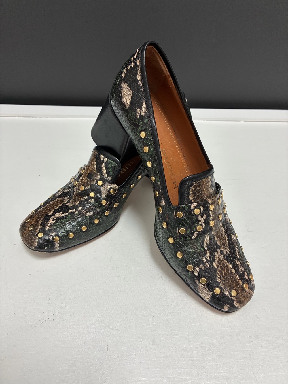 Tory Burch Leather Snake-Print Stud Block Heel Loafers